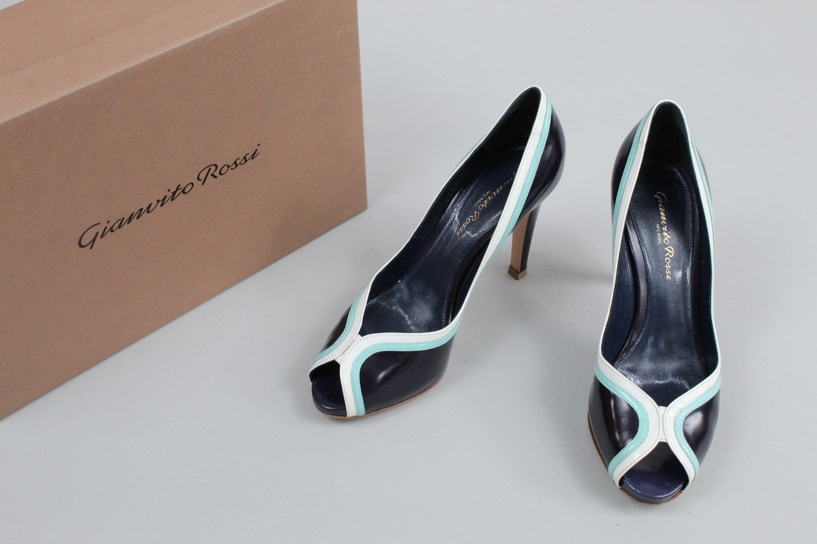 Null 吉安维托-罗西



一双午夜蓝、白色和淡蓝色釉面皮革露趾鞋。

鞋子上的几何图案。



尺寸：36



鞋跟高度：9厘米



带盒