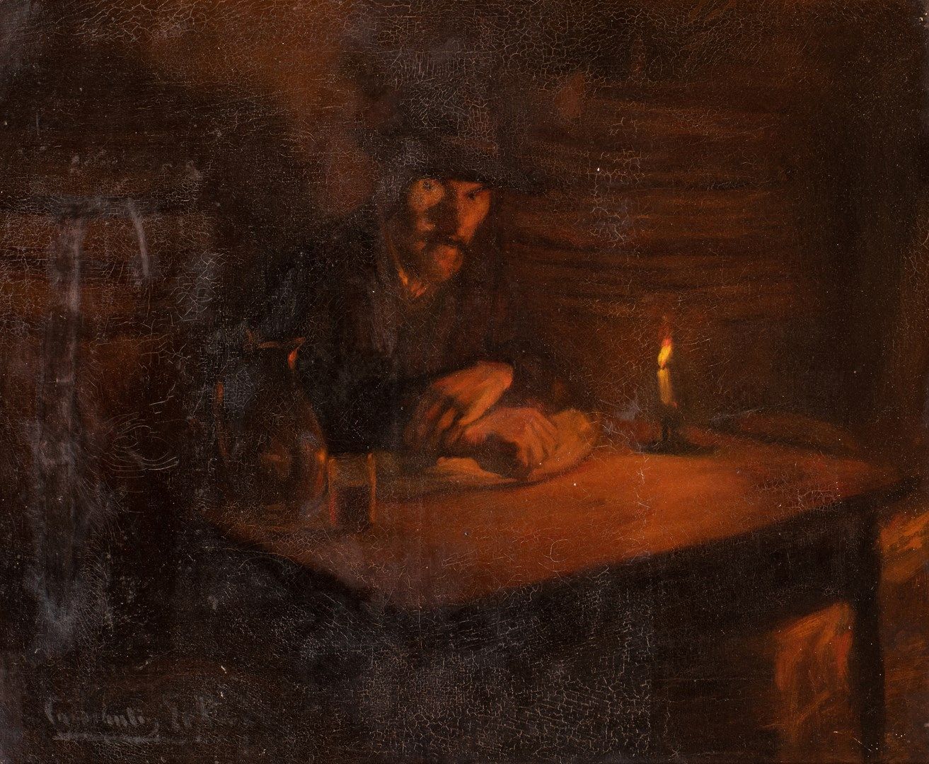 Null LEROUX Constantin, 约1850-1909年

桌子上的男人

布面油画（重要的修复，裂缝），左下角有签名

51x61厘米
