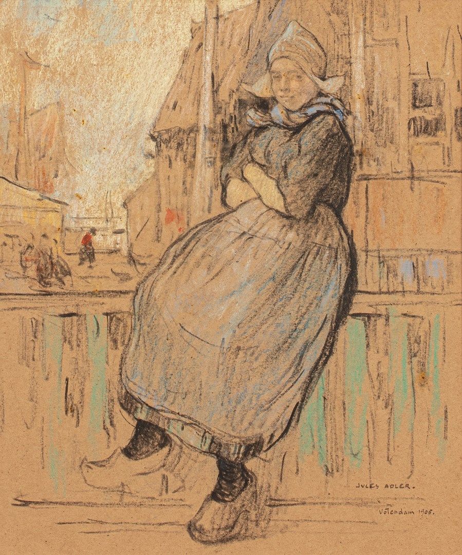 Null 阿德勒-儒勒，1865-1952年

栏杆边的荷兰女人，沃伦丹，1906年

纸上粉彩画（有污点和狐臭），右下方有签名、位置和日期

32,5x27厘&hellip;