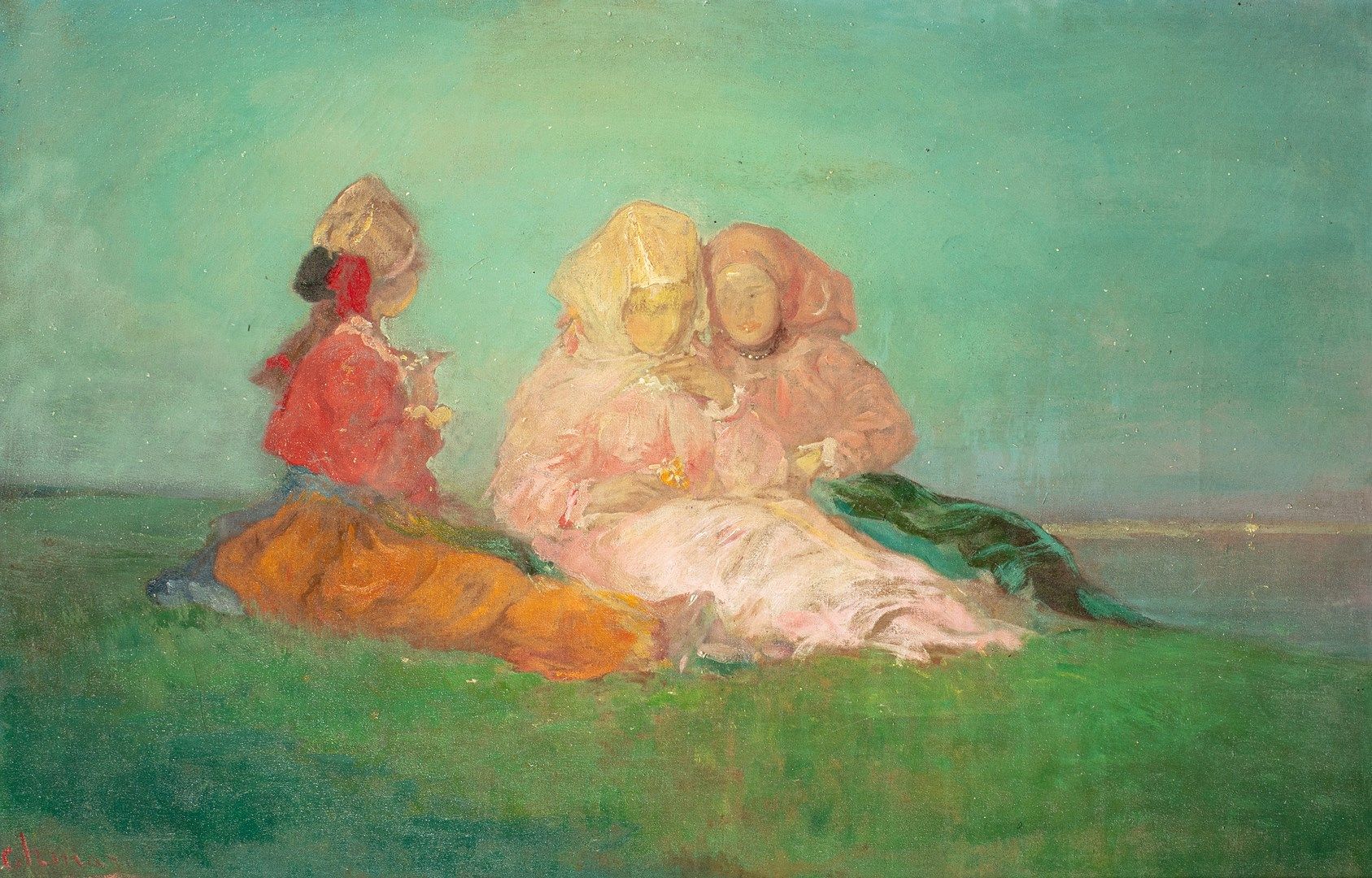 Null 哲马洛夫-保罗, 1874-1950

三个坐在草地上的年轻妇女

布面油画（有裂纹和磨损的痕迹，小幅修复），左下角有部分重装签名

59x91厘米