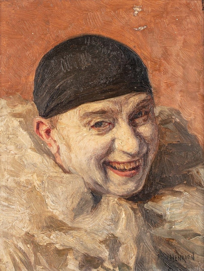 Null 亨利昂-阿尔芒，1875-1958年

笑容满面的小丑

板面油画（油漆层脏，有极小的缺失）。

右下方有签名

18x14厘米