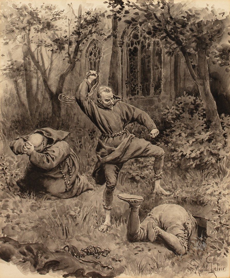 Null LELOIR Maurice, 1853-1940

希科特在僧侣戈伦弗洛面前鞭打马耶纳

大仲马的《蒙索罗夫人》场景插图，黑色水墨和白色水粉高光（轻&hellip;