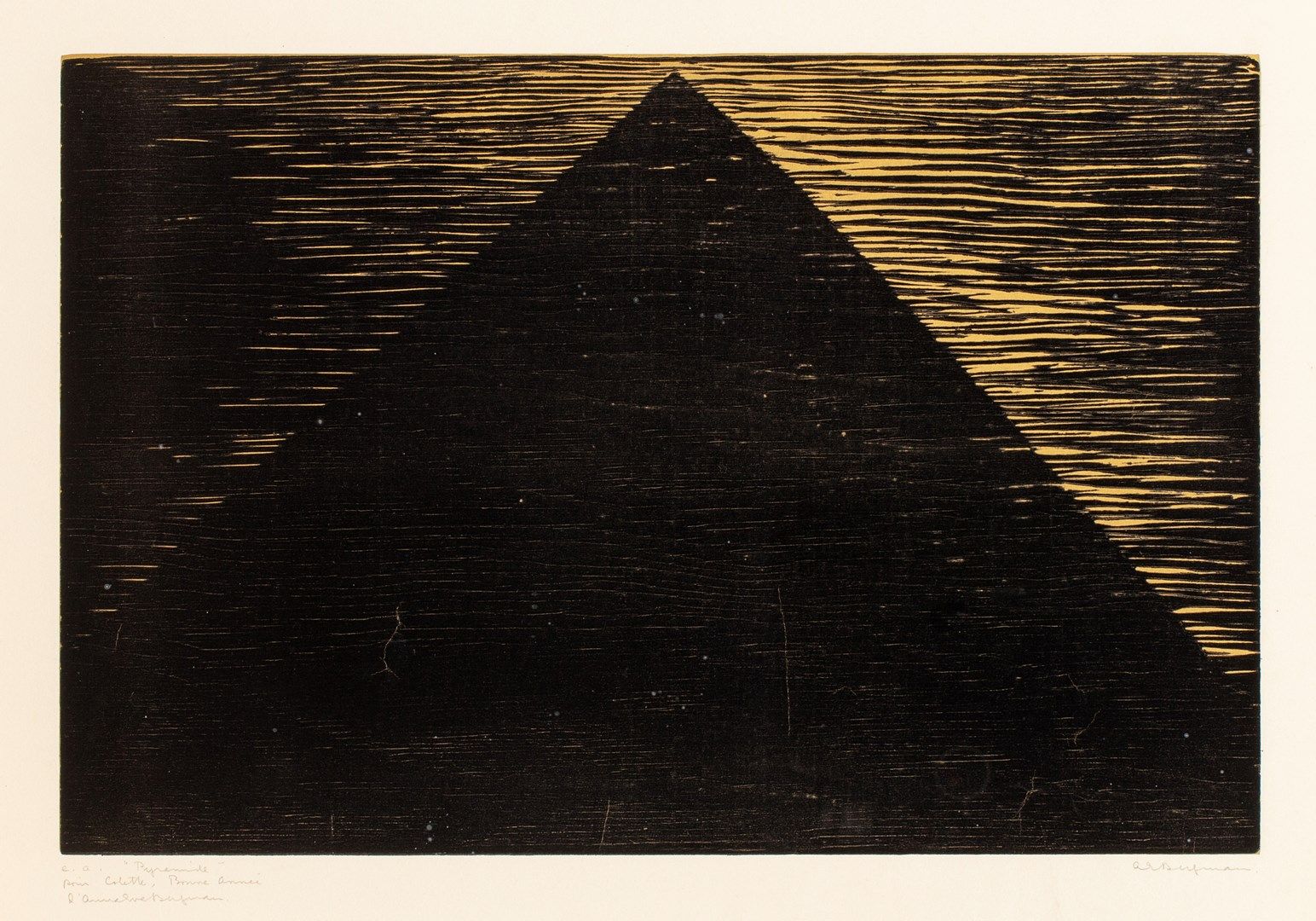 Null 贝尔格曼-安娜-伊娃，1909-1987

金字塔

金色和黑色木刻，EA（非常轻微的日晒和一些褶皱的痕迹），右下角签名，左下角标有 "发货 "字样。&hellip;
