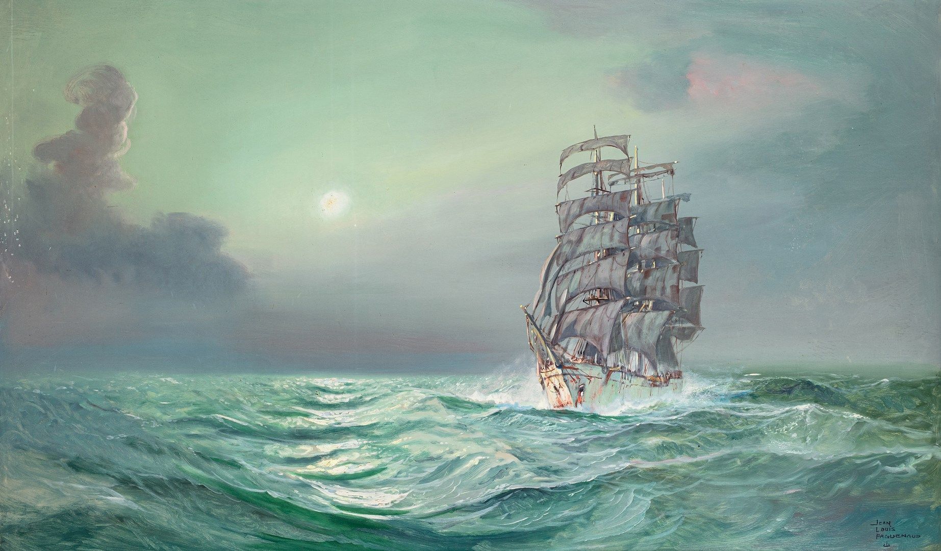 Null PAGUENAUD Jean-Louis, 1876-1952

海上的三根桅杆

板面油画（有些污损和轻微缺失的部分），右下角有签名

120x20&hellip;