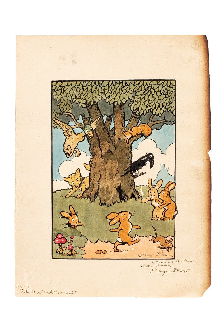 Null 拉比尔-本杰明，1864-1939年

拉方丹的动物》，本叔叔的故事，1936年

纸上钢笔、印度墨水和水彩画（有日晒痕迹，小裂缝，右边缘部分烧焦，有&hellip;