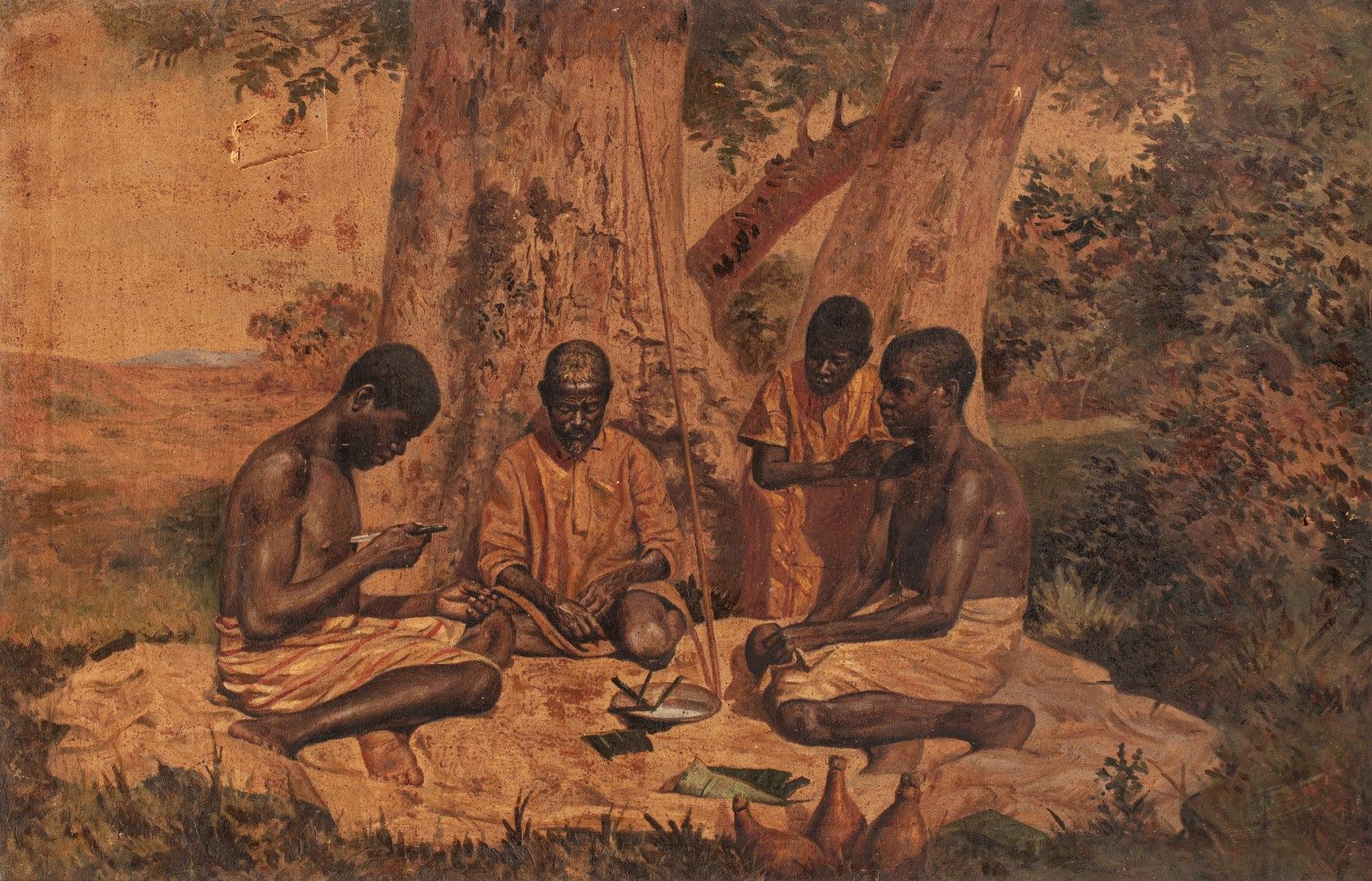 Null RATOVA Henri, 1881-1929

马达加斯加的fati-drà仪式，1913年

布面油画（事故和框架痕迹，清漆变黄变脏），右下角有签&hellip;
