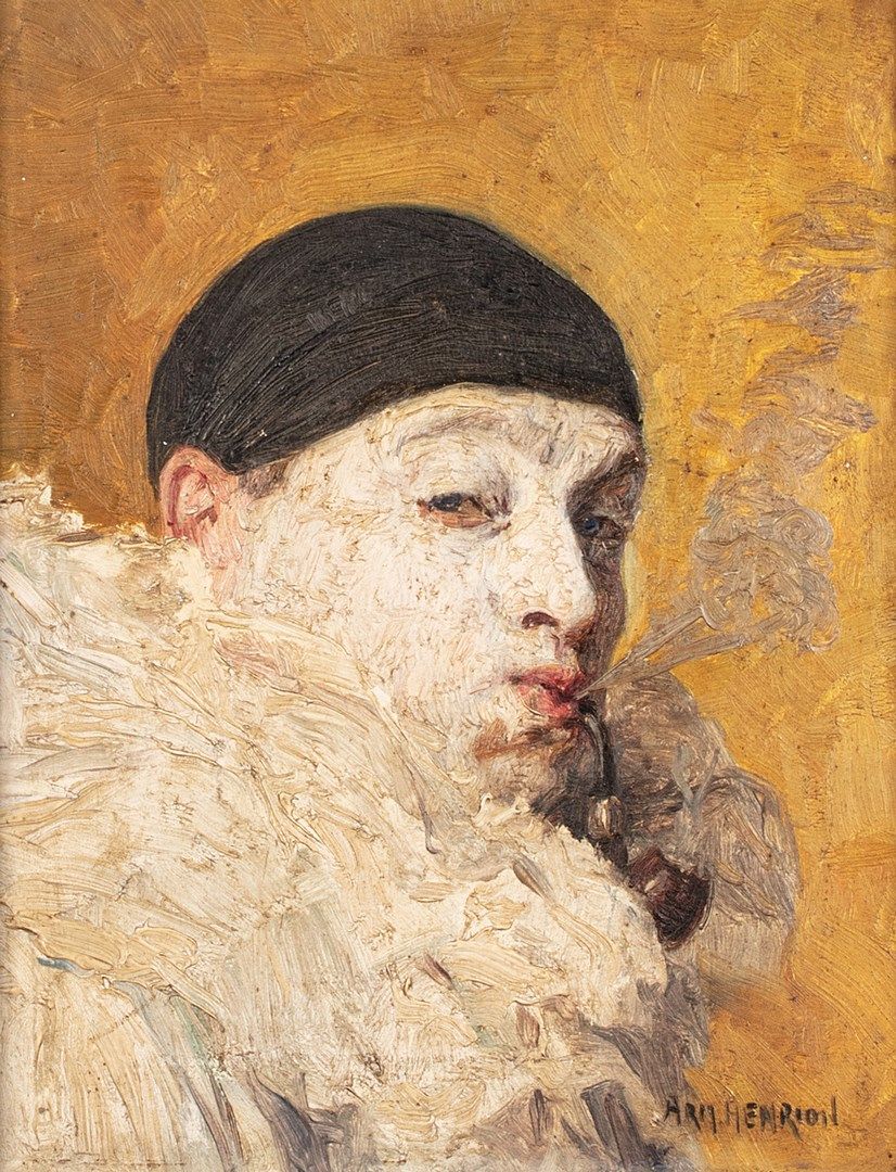 Null 亨利昂-阿尔芒，1875-1958年

拿着烟斗的小丑

板面油画（油漆层脏，有极小的缺失）。

右下方有签名

18x14厘米