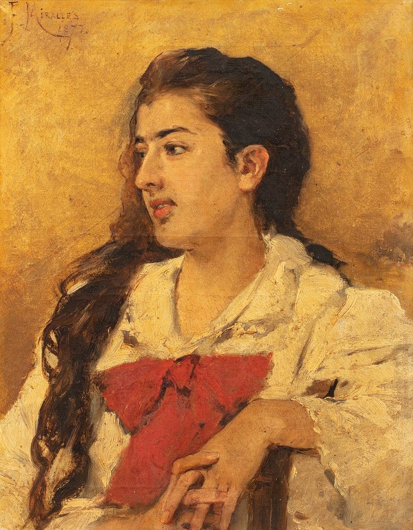 Null MIRALLES Y GALUP Francisco, 1848-1901

戴红色蝴蝶结的年轻女孩，1877年

布面油画（磨损，修复，轻微的框架痕&hellip;