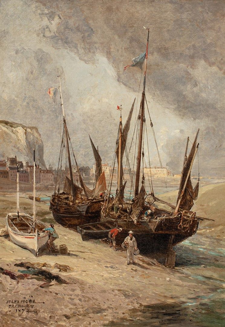 Null 诺埃尔-朱尔-阿奇尔，1810-1881年

退潮时的渔船，特雷波，1872年

布面油画（小幅修复，有裂纹痕迹）。

左下方有签名、位置和日期

5&hellip;