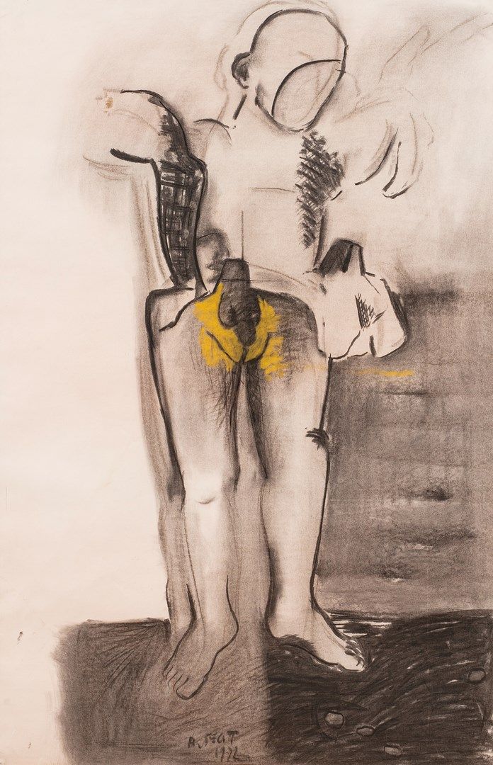 Null 阿尔贝罗拉-让-米歇尔，生于1953年

裸体站立，1992年

炭笔，阴影和黄色高光，在粉红色的灰纸上（有些折叠的痕迹），底部中间：A. FECIT&hellip;