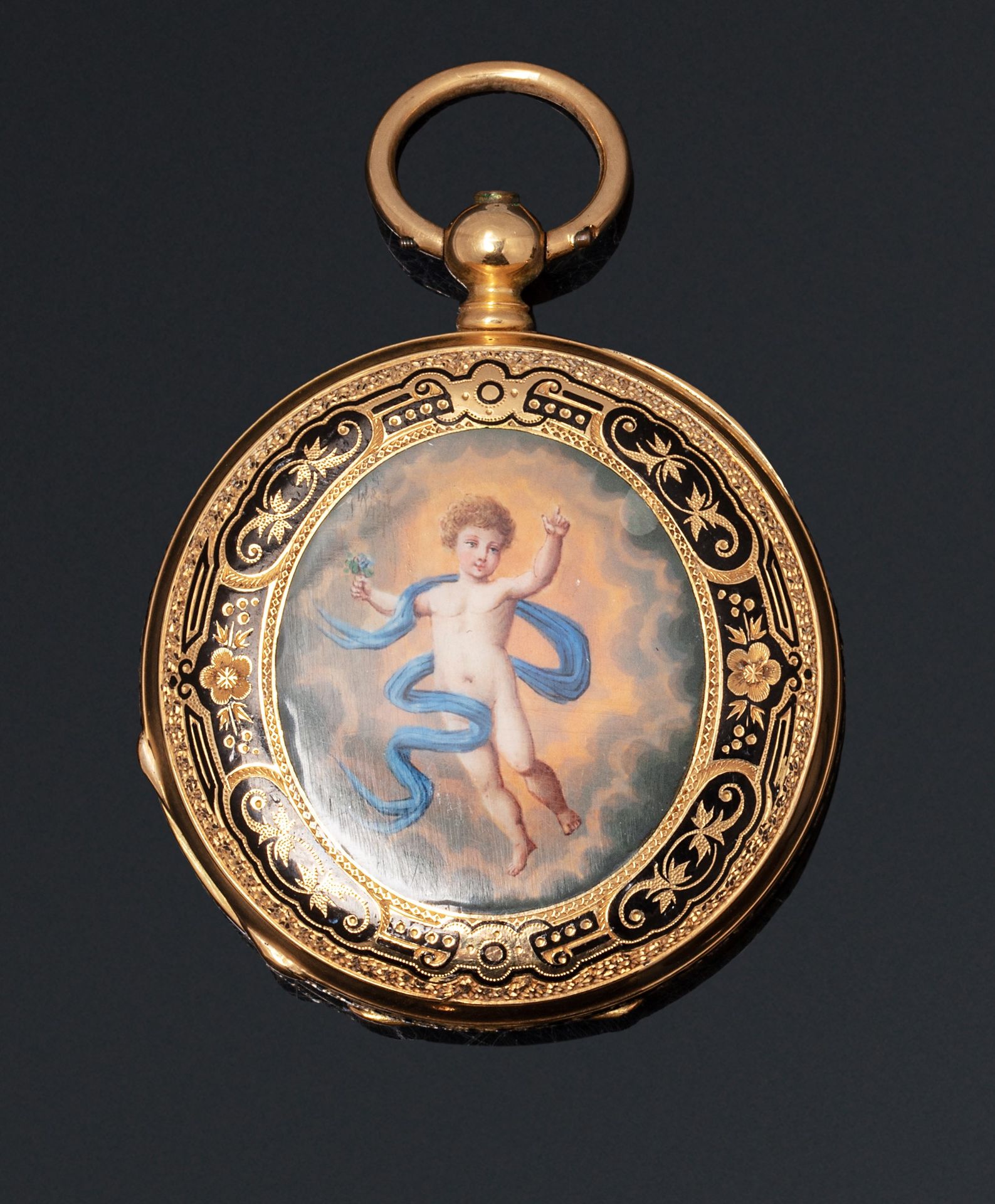 Null ANONYMOUS

Mid 19th century

Gold enamelled soap watch. Round case on hinge&hellip;
