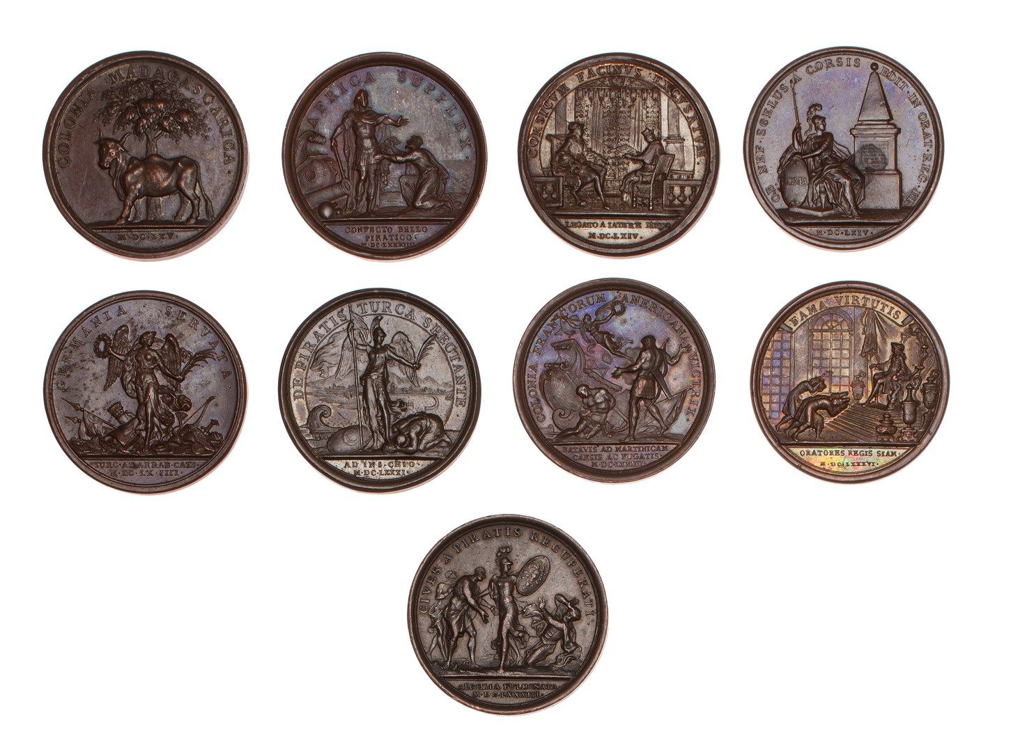 Null 路易十四的9枚铜牌藏品（科西嘉、暹罗、马提尼克、非洲、马达加斯加和阿尔及利亚

由莫尔格刻制。

大多是在复辟时期被打击。

TTB到SUP。