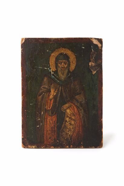 Null 圣僧，可能是圣安东尼（？

1800年前后的中东地区

木板上的淡彩画，可见缺失、磨损

19 x 14厘米。