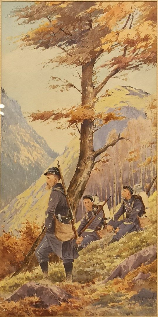 Null A.伯纳德，法国学校，19世纪末。

"三个猎人在山林中步行休息

右下角有签名的水彩画。

35x17.5厘米。

玻璃下的框架