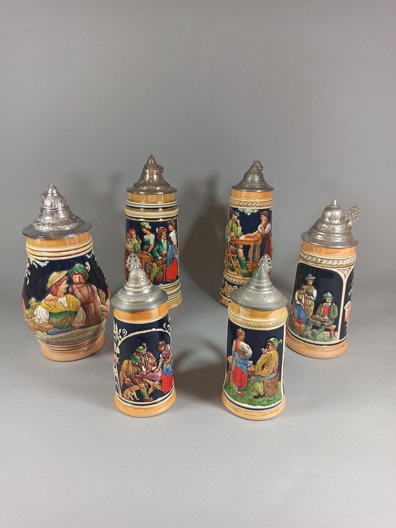 Null German work of the XXth century,

Set of 6 enamelled stoneware beer mugs de&hellip;
