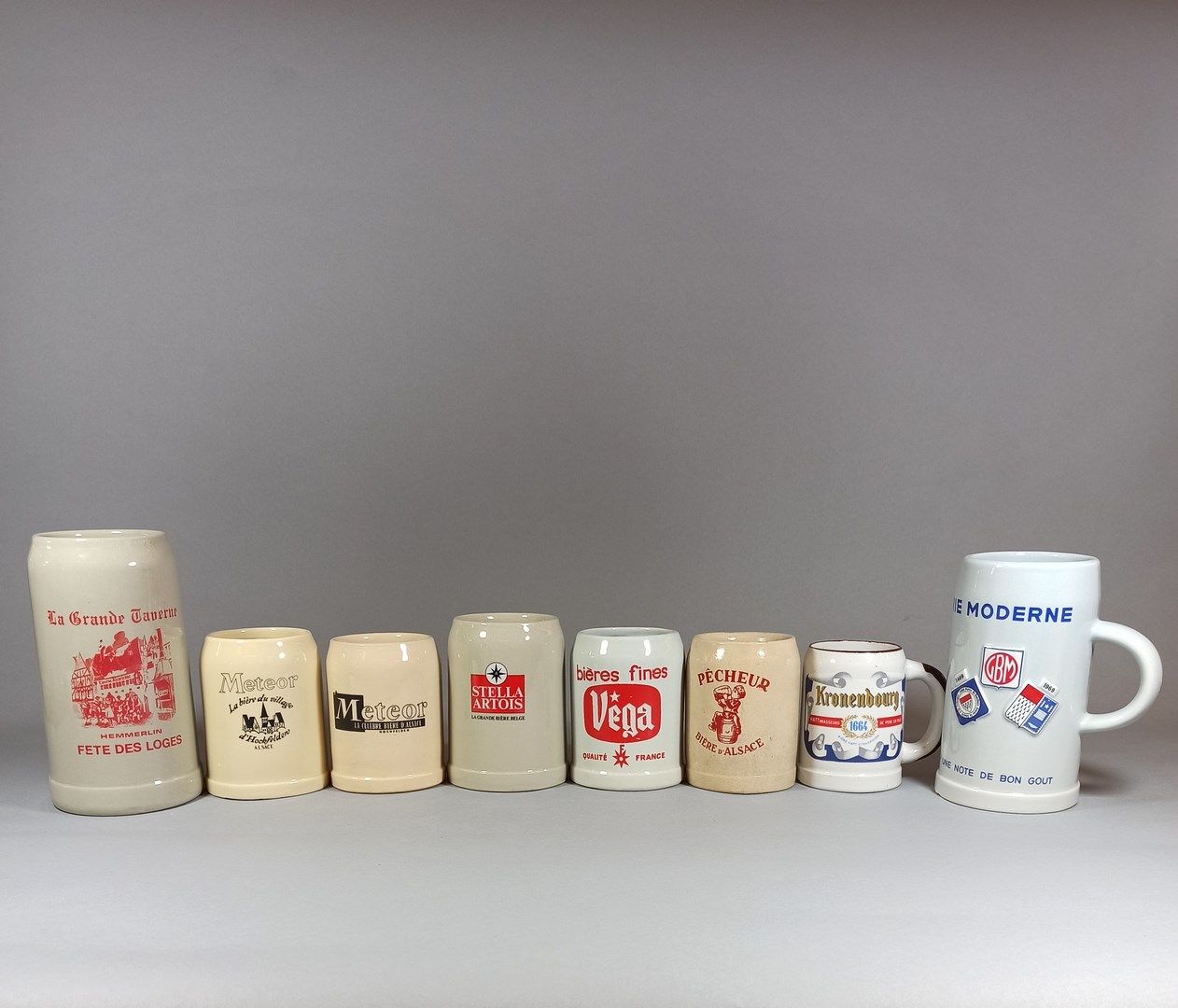 Null Set of 8 advertising mugs in enamelled stoneware.



French beers (Vega, St&hellip;