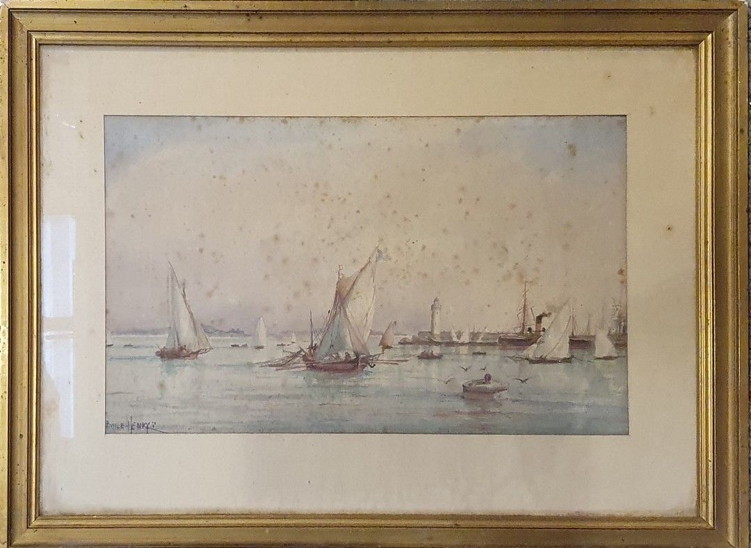 Null 亨利-埃米尔(1842-1920)

港口的景色。

纸上水彩画，左下角签名

点蚀，明显的发霉，撕裂。

23 x 37.5 cm at sight