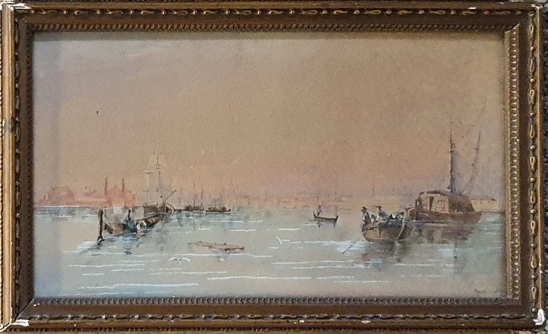 Null 19世纪的学校

威尼斯的景色，1839年

水彩画，右下方有模糊的签名和日期

日照量

14.5 x 26.5 cm at sight