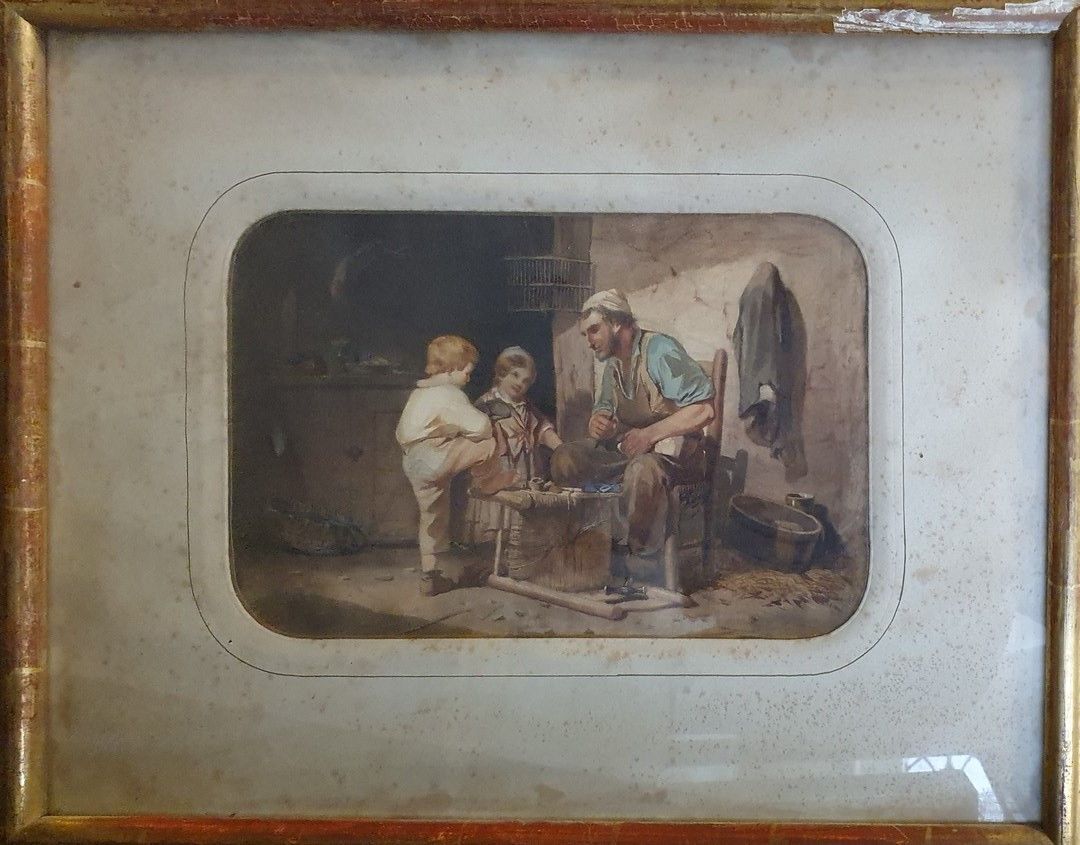 Null 19世纪的学校

乡长和他的孩子们，55岁

纸上水彩画，左下角有AL字样和日期

日照度、翘曲度

22 x 33.5 cm at sight
