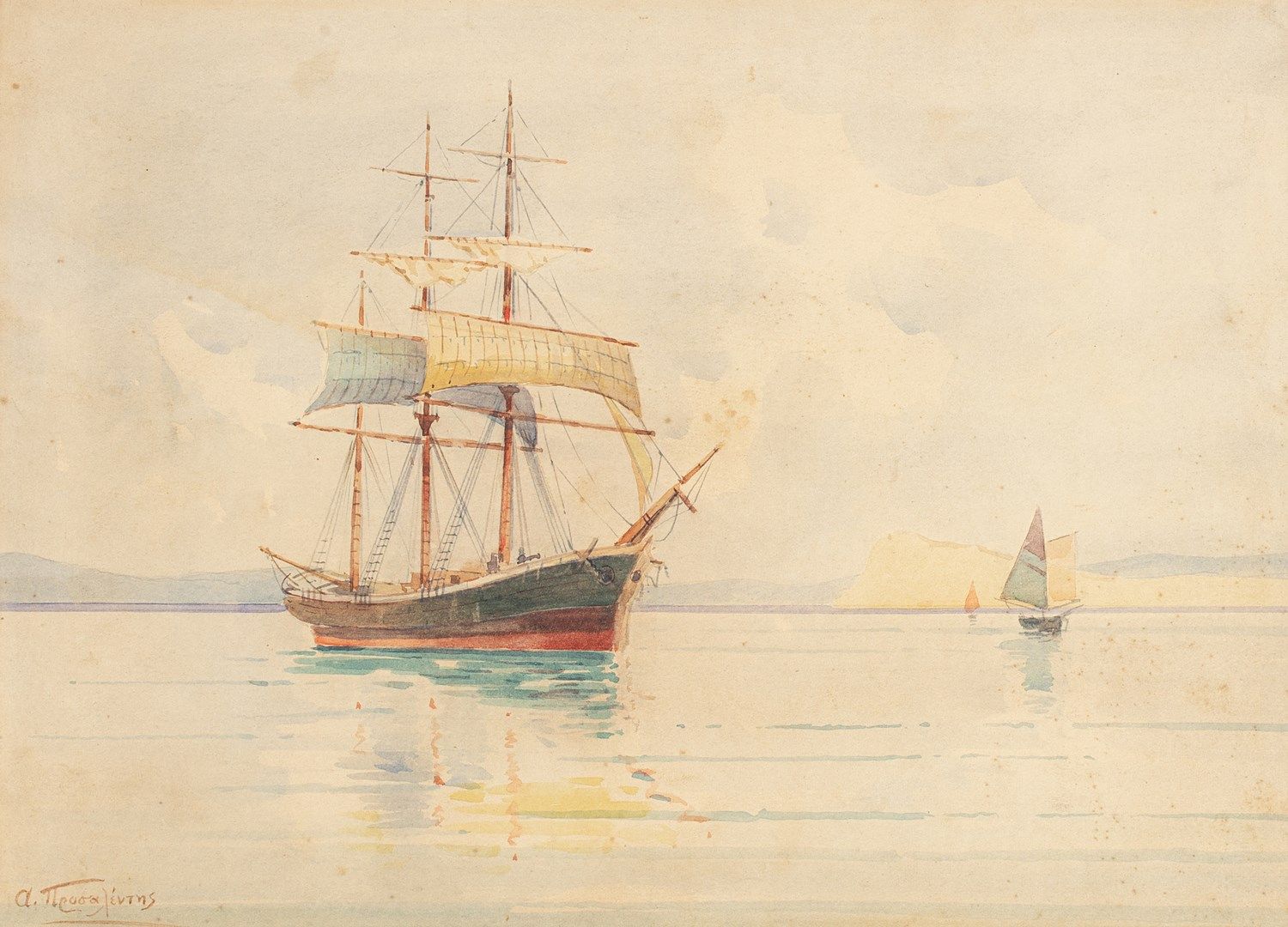 Null 普罗萨伦蒂斯-埃米利奥斯, 1859-1926年

停泊的三桅船

水彩画（有光照和狐臭），左下方有签名

29,5x40,5厘米见方



出处：卡&hellip;