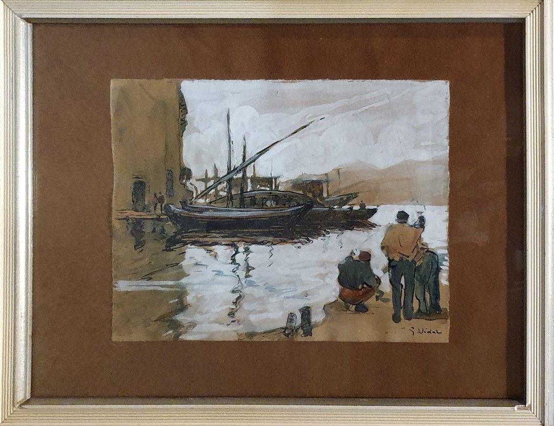 Null 维达尔-古斯塔夫(1895-1966)

港口内的船只和渔民。

米色纸上的水彩、墨水和水粉画，右下方有签名

少许褶皱的痕迹

19 x 25.5厘&hellip;