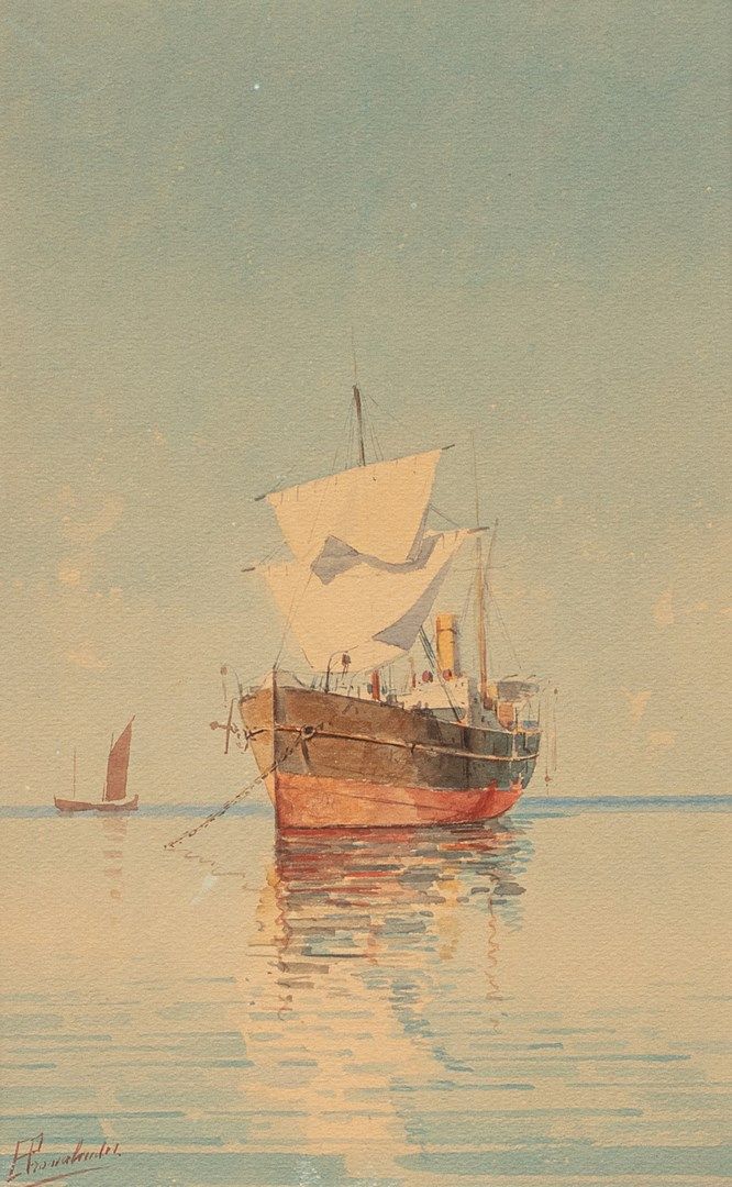Null 普罗萨伦蒂斯-埃米利奥斯, 1859-1926年

抛锚的船

水彩画（日照），左下角有签名，在衬里纸板的背面。

内衬纸板的背面是一幅风景画的局部草&hellip;
