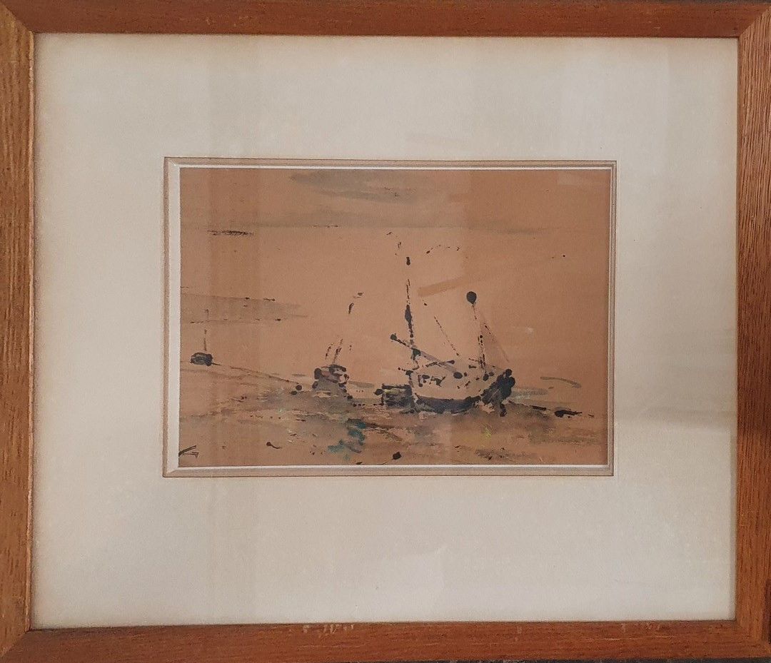 Null 伯特伦-阿贝尔，1871-1954。

滞留在索姆河畔瓦莱里的船只。

水彩和水粉（绝缘），左下方有签名的痕迹，18.5x26.5厘米。