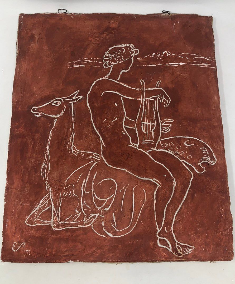Null 斯托尔-埃德蒙 (1903-1956)

男子手持琴，身边有一只豹子和一只羚羊，粉红色的石膏，左下角有ES字样和53年的签名。

41x33.50厘米&hellip;