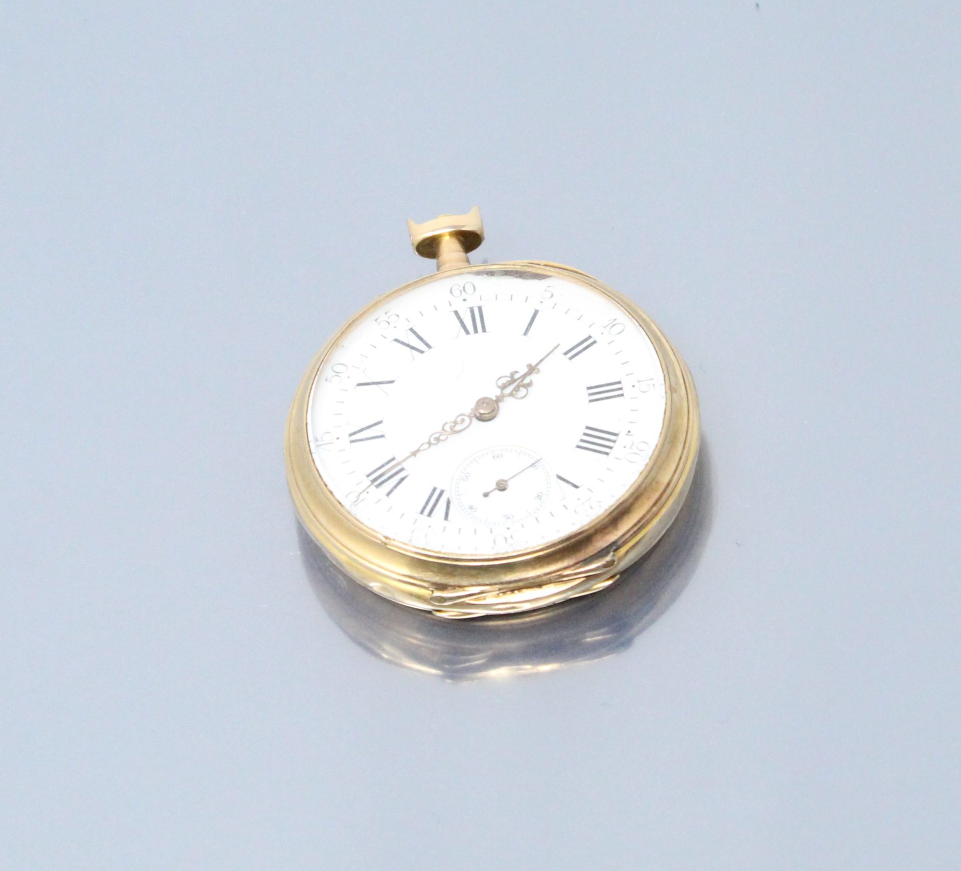 Null 18k (750) Gelbgold Gousset-Uhr, weißes Email-Zifferblatt (Unfälle), römisch&hellip;