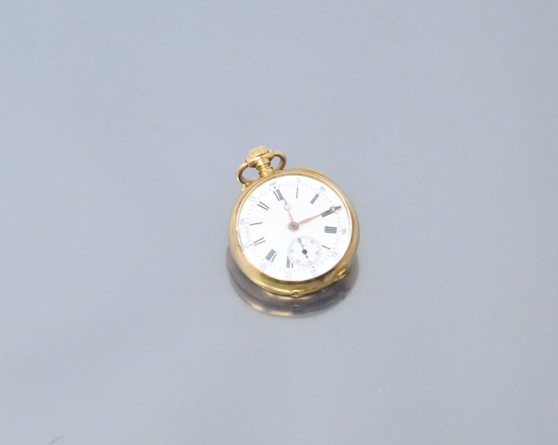 Null 18k (750) yellow gold pocket watch, white enamelled dial, Roman numerals fo&hellip;
