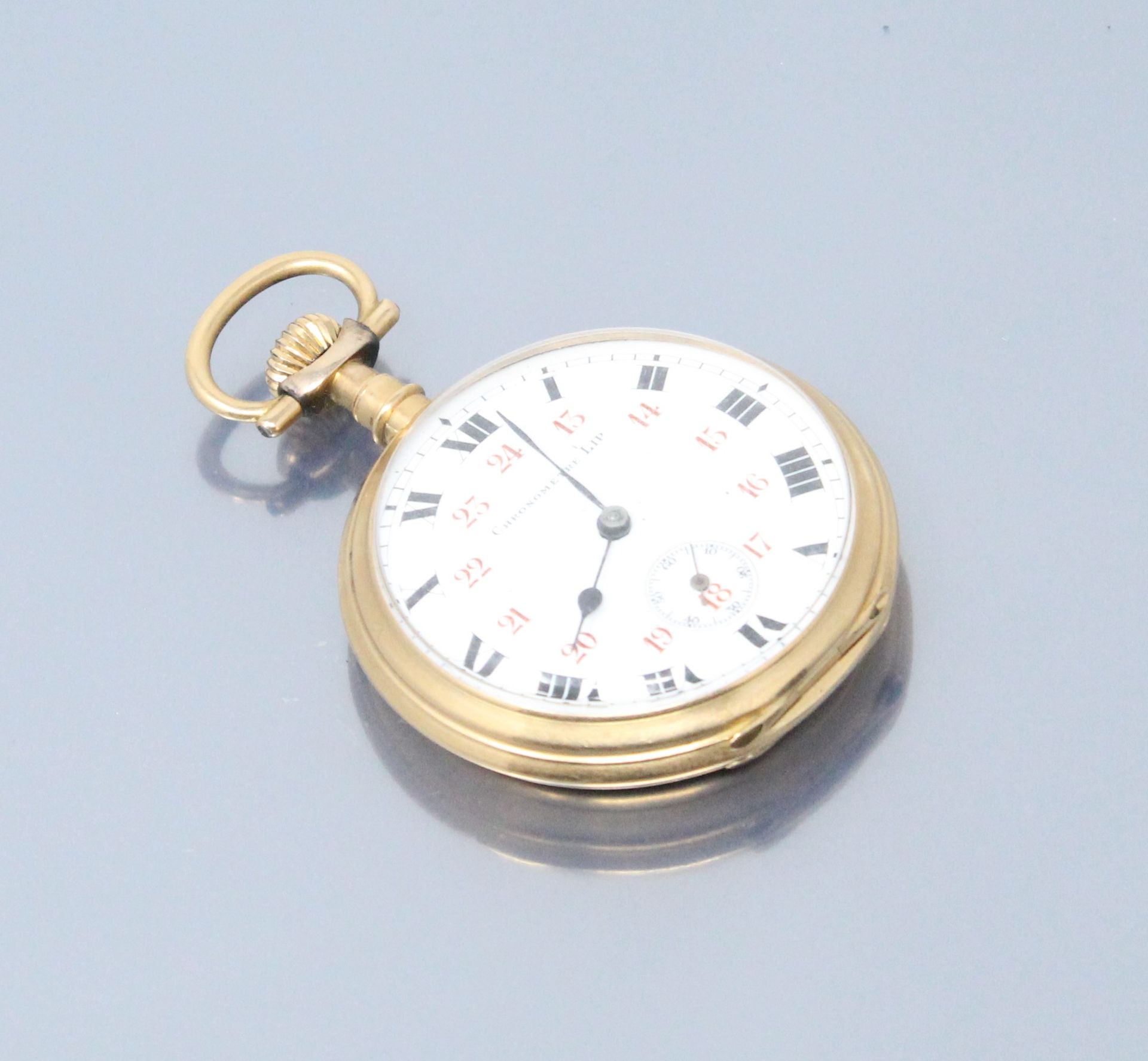 Null LIP 

Pocket watch in 18k (750) yellow gold, white enamelled dial, Roman nu&hellip;