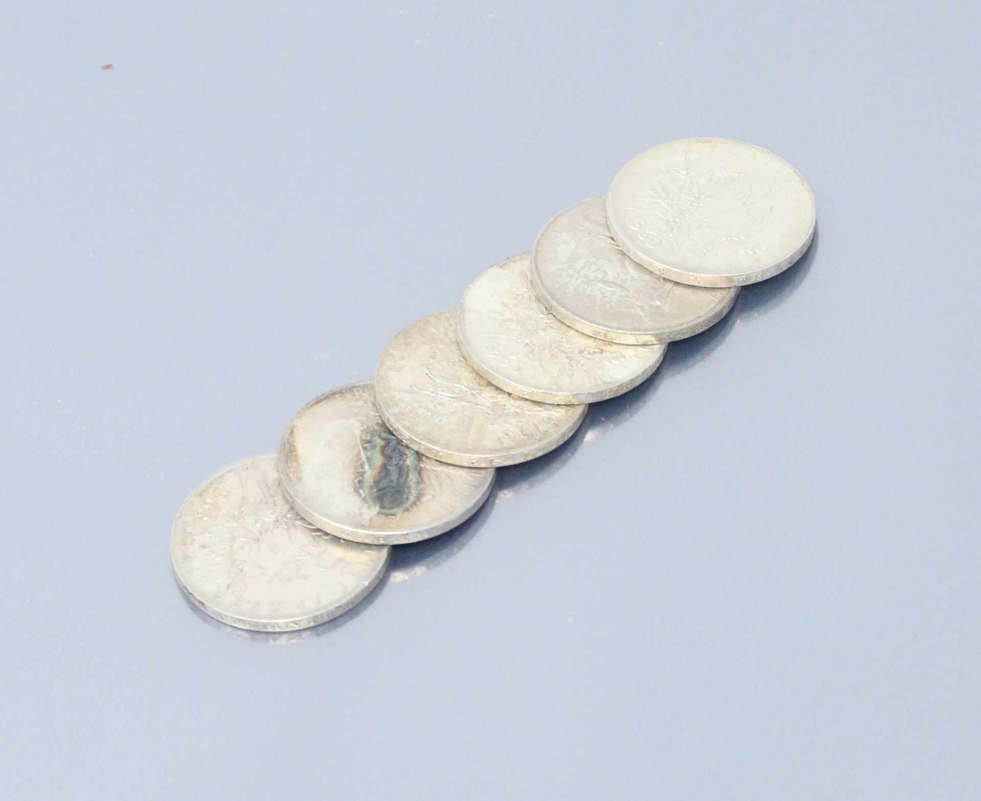 Null Lot de 6 pièces en argent de 5 francs Semeuse (1960 x 3; 1961; 1962; 1963) &hellip;