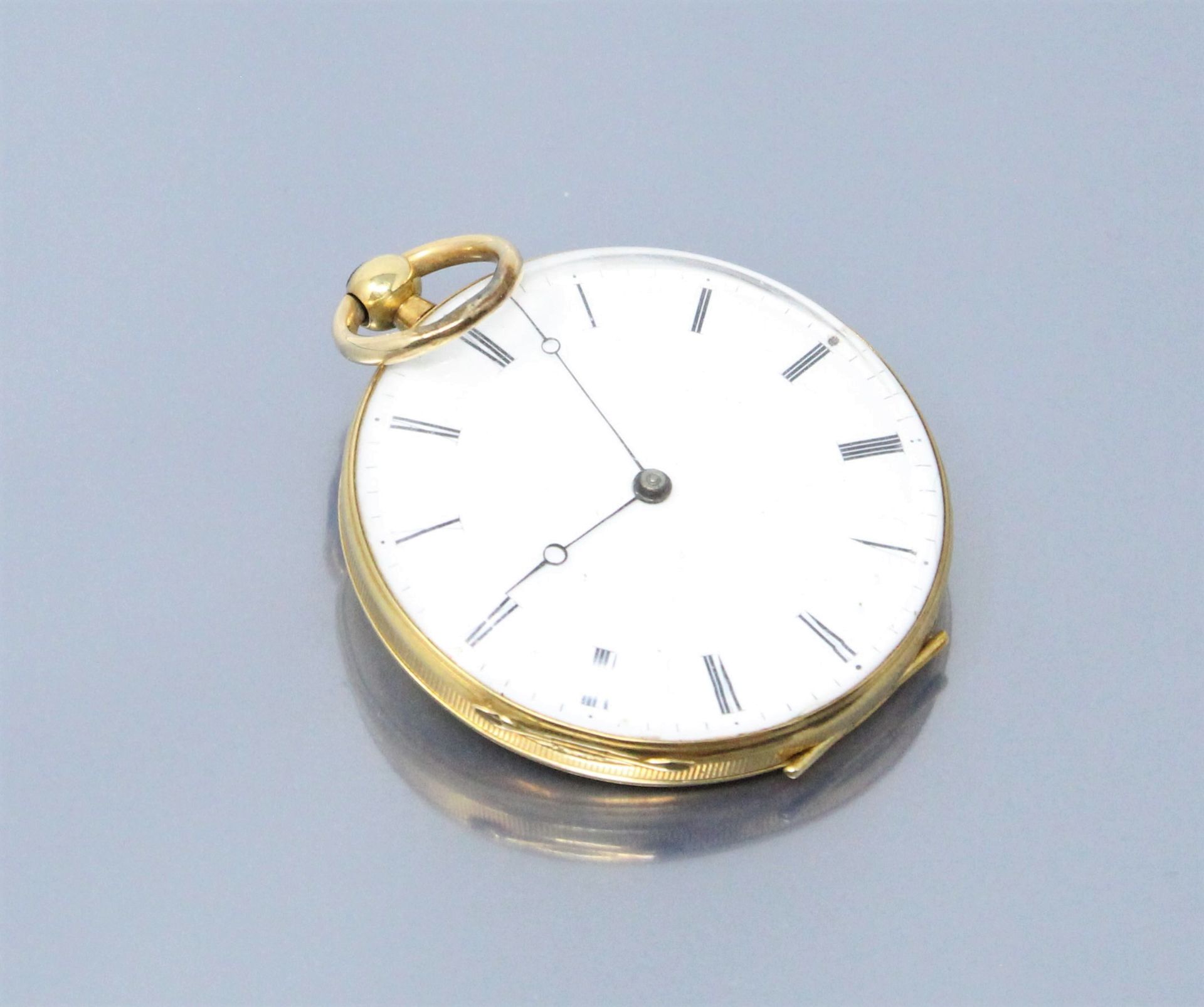 Null 18k (750) yellow gold pocket watch with white enamel dial and Roman numeral&hellip;