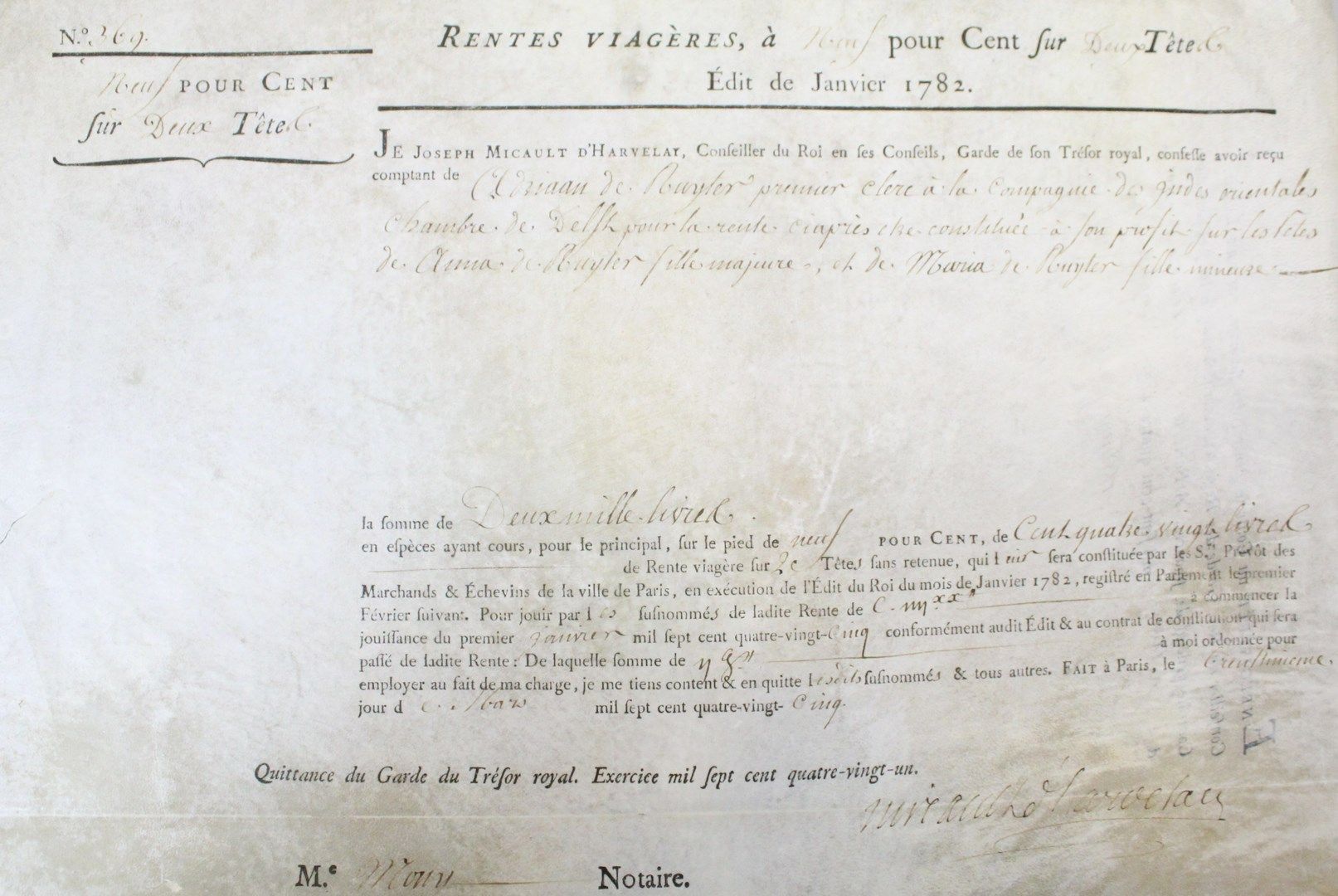 Null 租用。- 1785年3月31日在巴黎签订的终身年金合同。245 x 360 毫米。

牛皮纸上的精美文件，用钢笔打印、填写和签名。

国王的顾问和皇家&hellip;