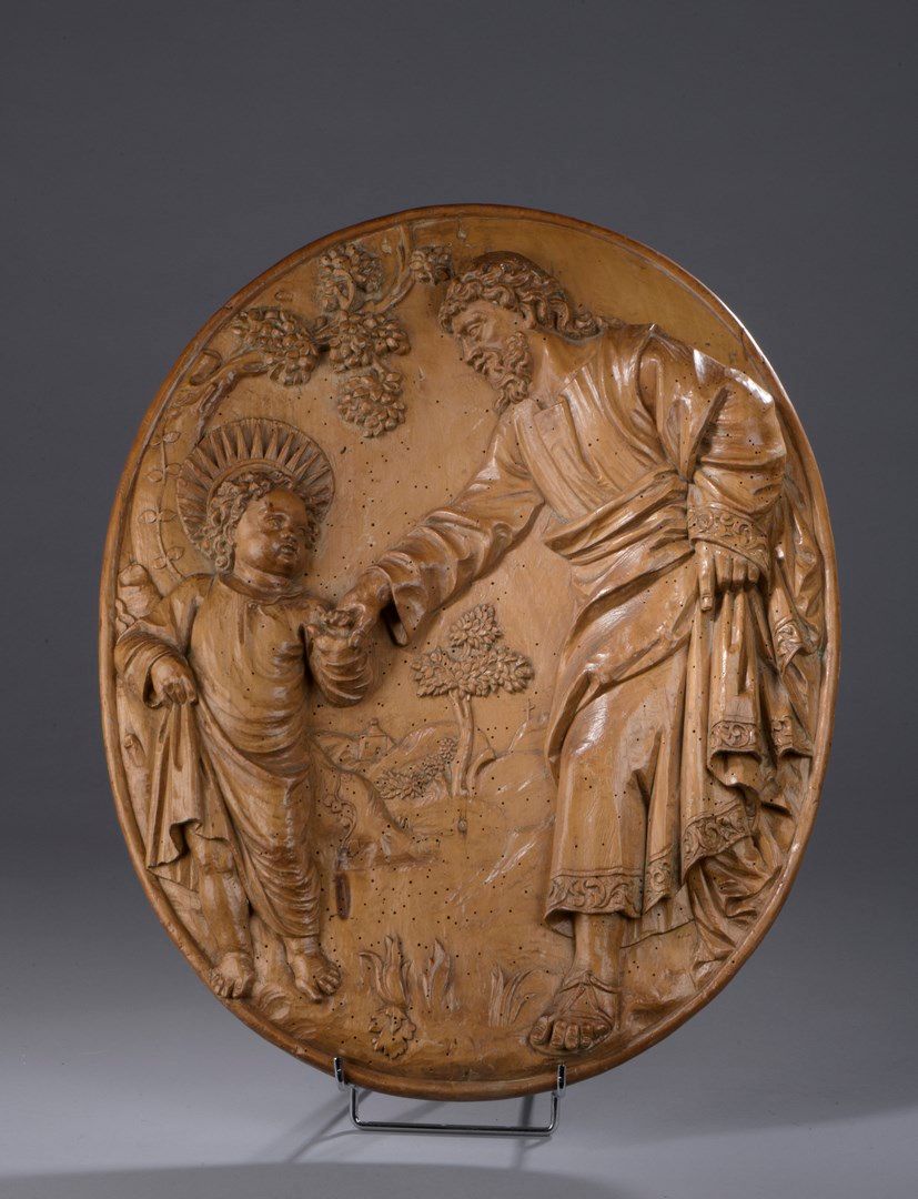 Null Ovale Tafel aus stark reliefgeschnitztem Lindenholz, die den Heiligen Josef&hellip;