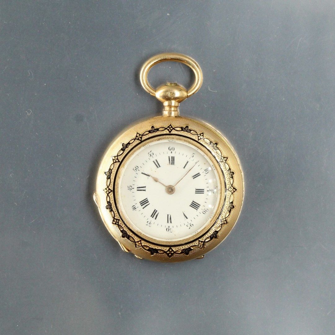 Null 18k (750) yellow gold pocket watch fully enamelled with black stylised moti&hellip;