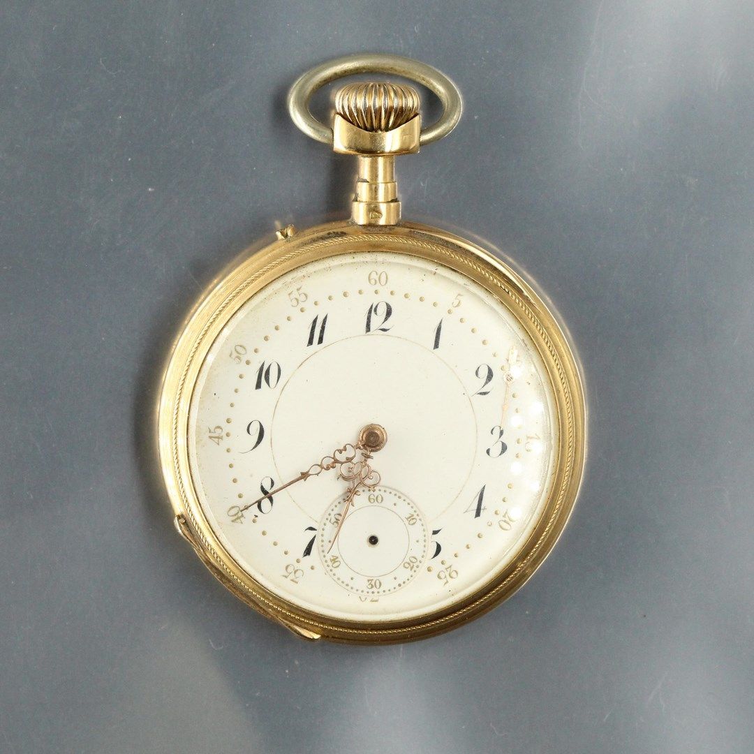 Null 18k (750) yellow gold pocket watch, white enamelled dial, Arabic numerals, &hellip;