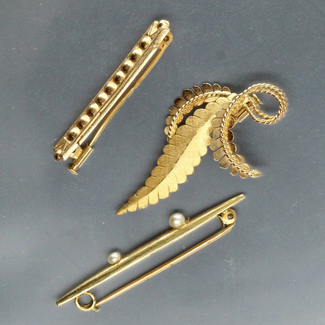 Null 18K（750）黄金的叶子和扭曲的胸针，部分消光处理

金匠标记：Chatelin - Marlin, in Lyon

两个18K（750）黄金胸针&hellip;