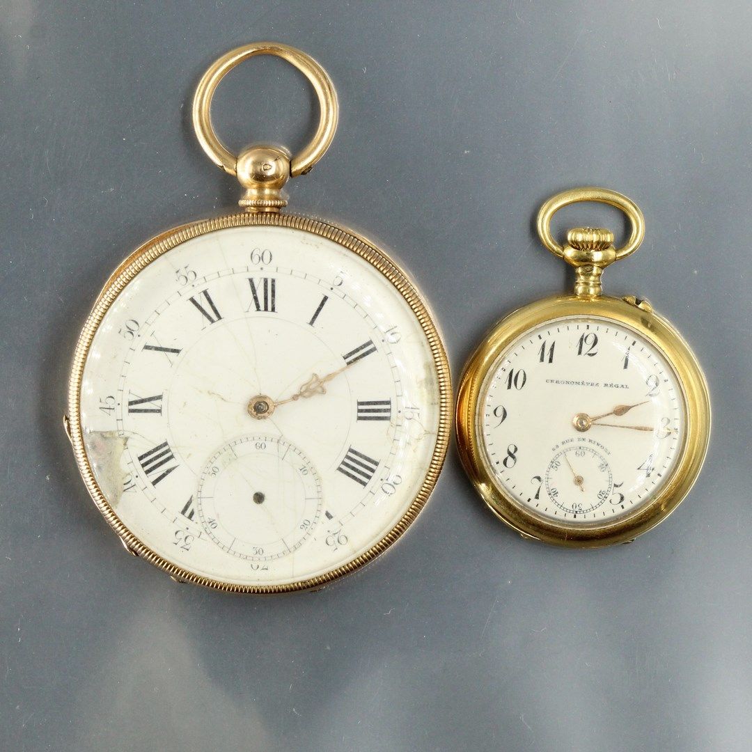 Null Lot de deux montres de gousset en or jaune 18k 750, l'une à cadran émaillé &hellip;