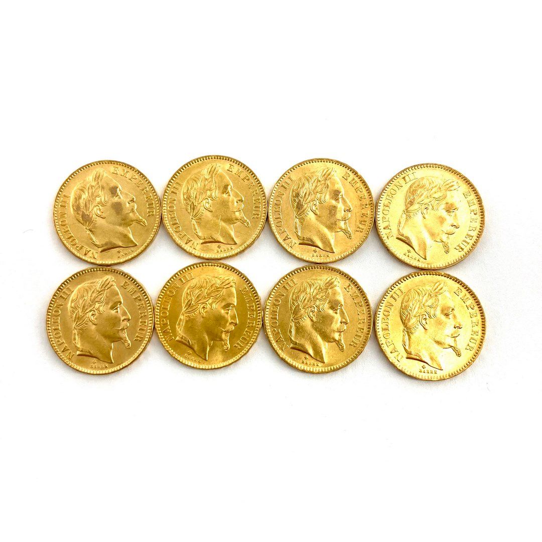 Null Huit pièces en or de 20 francs Napoléon III tête laurée.

1866 BB (x8) 



&hellip;