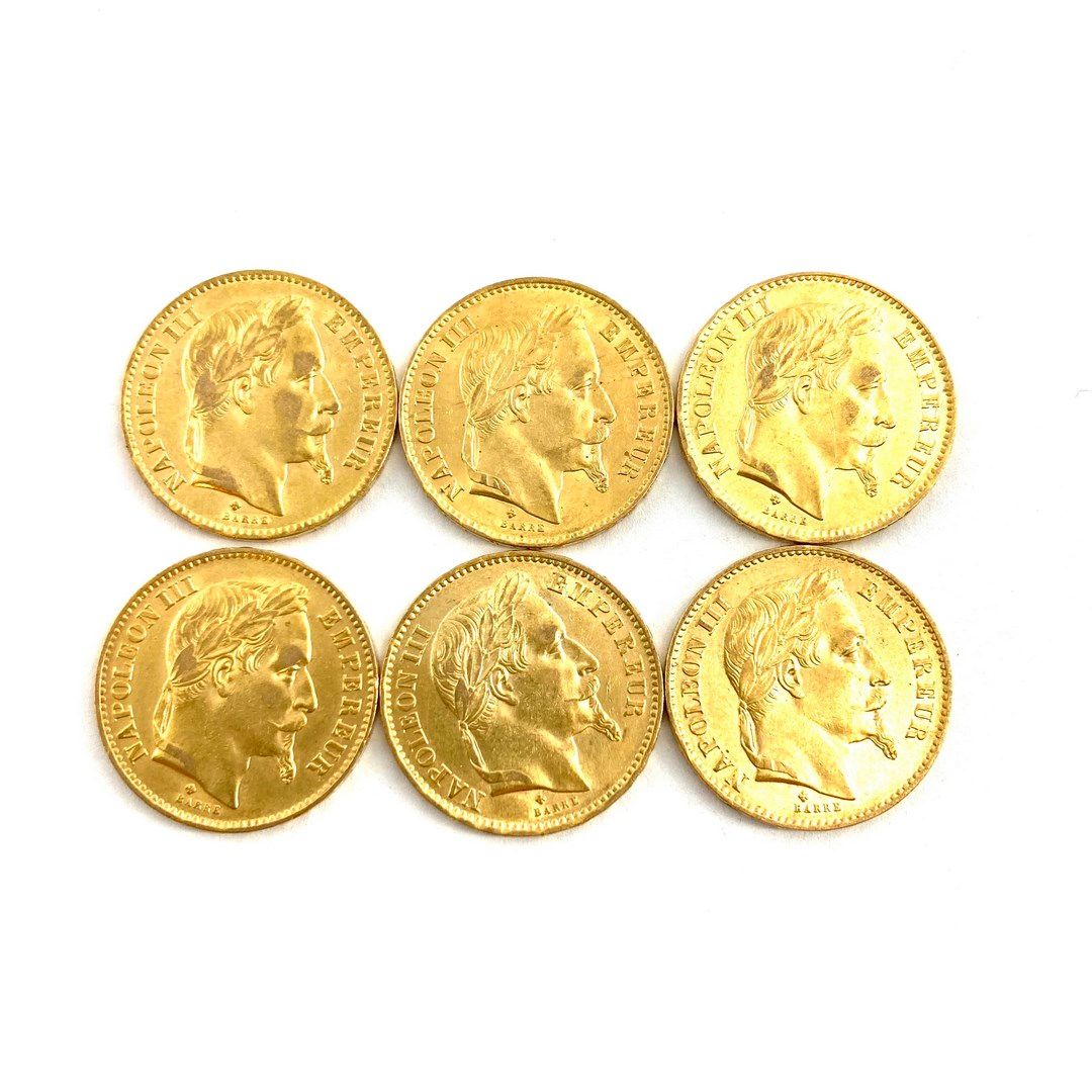 Null Six pièces en or de 20 francs Napoléon III tête laurée.

1868 BB (x6) 



B&hellip;