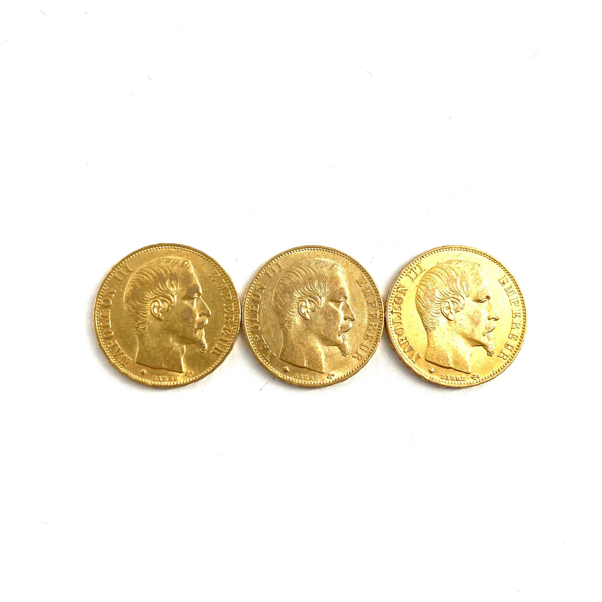Null Tre monete d'oro da 20 franchi Napoleone III a capo scoperto.

1860 BB (x3)&hellip;