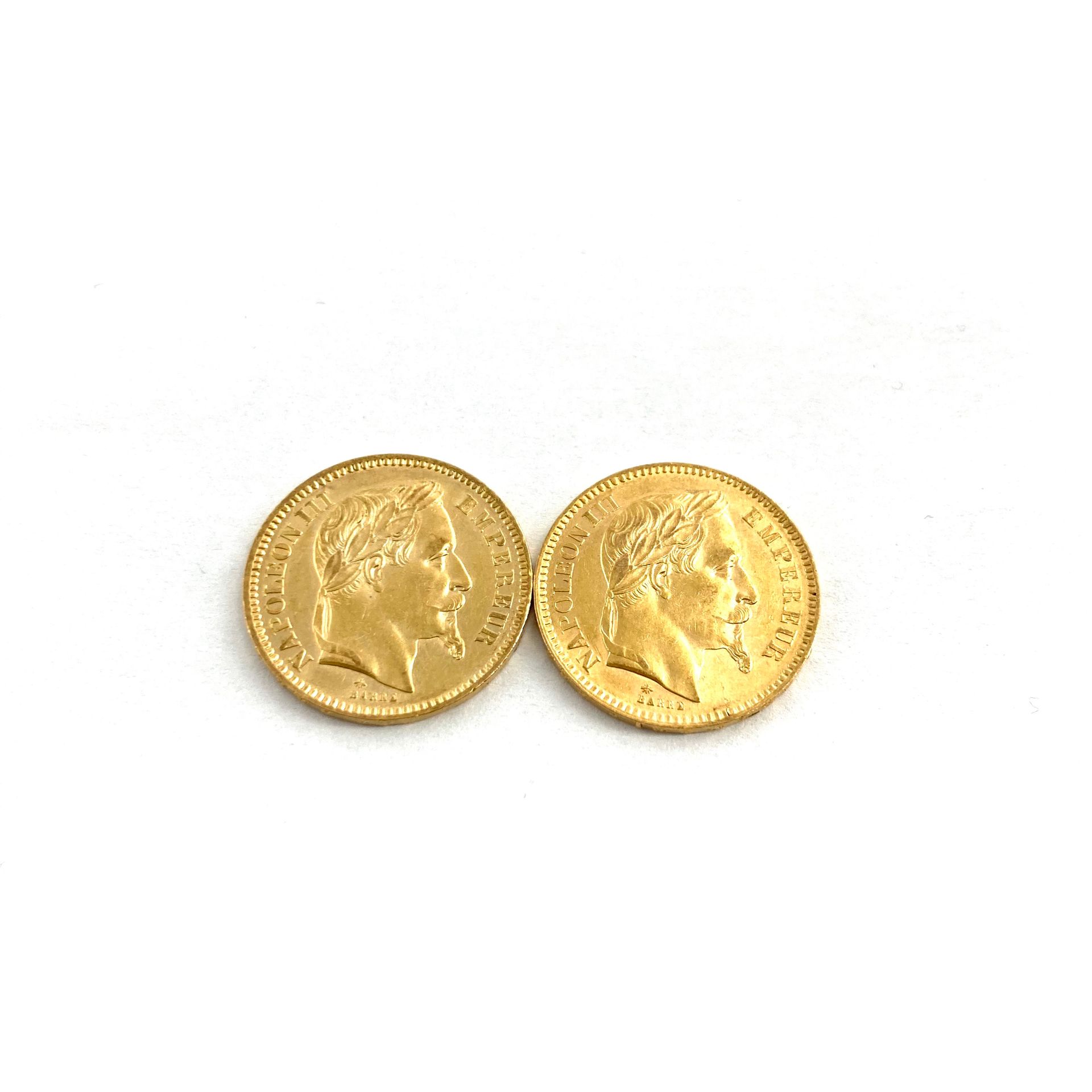 Null Two gold coins of 20 francs Napoleon III head laurel.

1863 A (x2) 



A : &hellip;