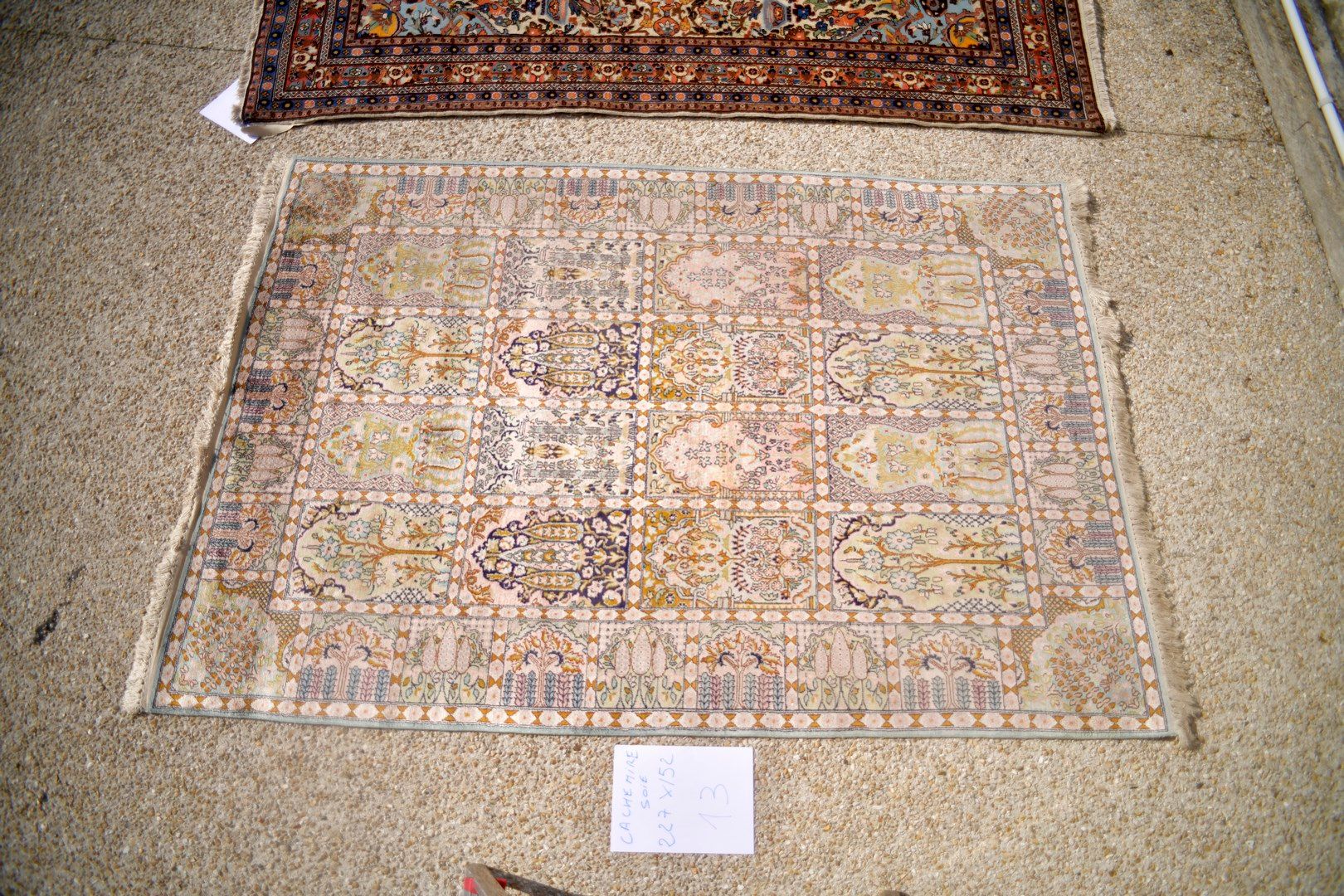 Null 印度丝绸羊绒，1980年。

棉质基础上的丝绒。

花园装饰。

状况良好。 

227 x 152 cm