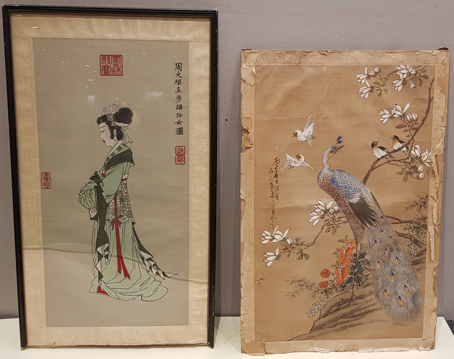 Null 丝上绘画：孔雀和鸟（意外），高13 - 长23厘米

优质日本妇女绣品，高14.2 - 宽21.8厘米