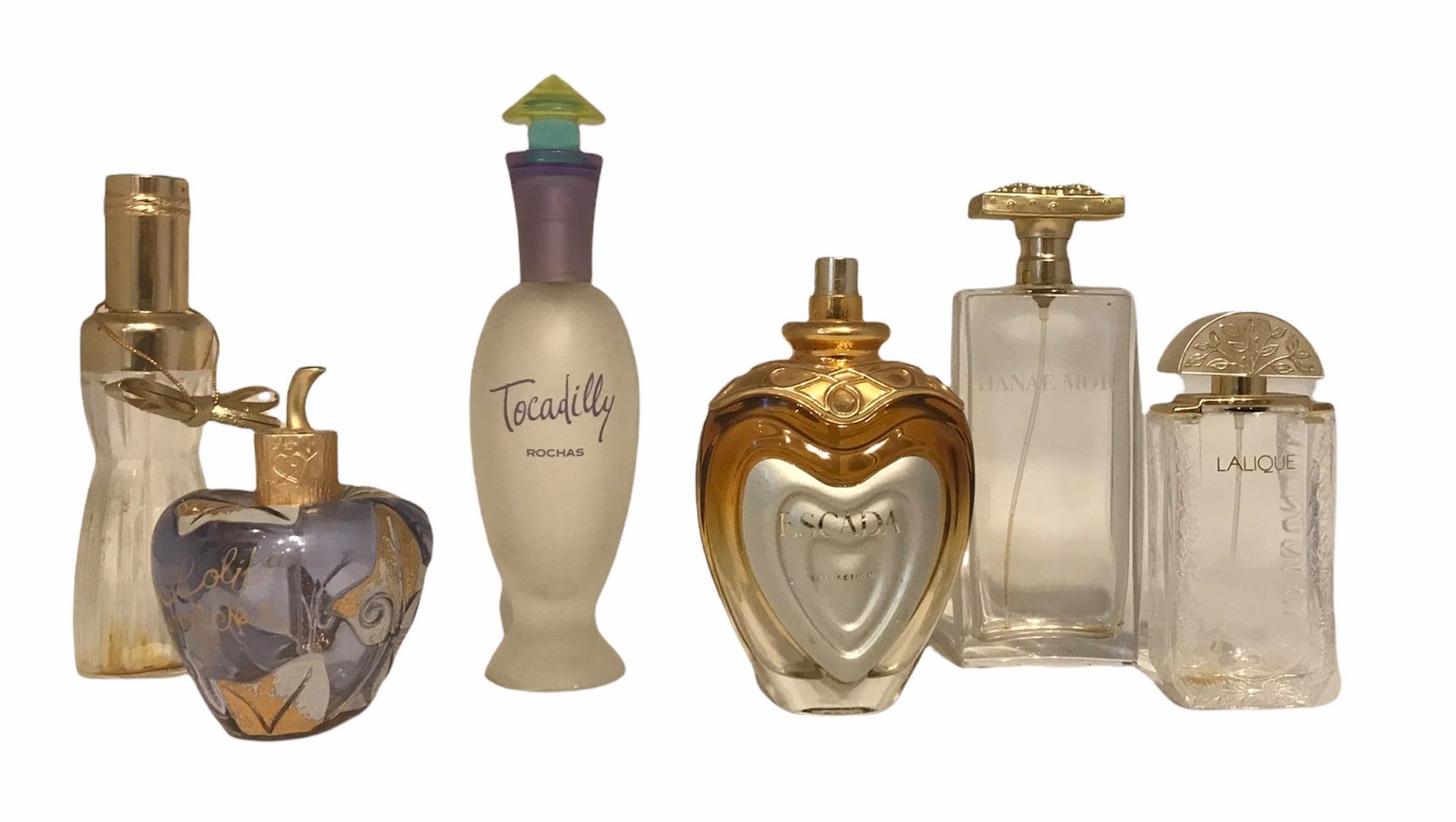 Null Set of 6 bottles including Lalique, Escada, Rochas, Lolita Lempicka