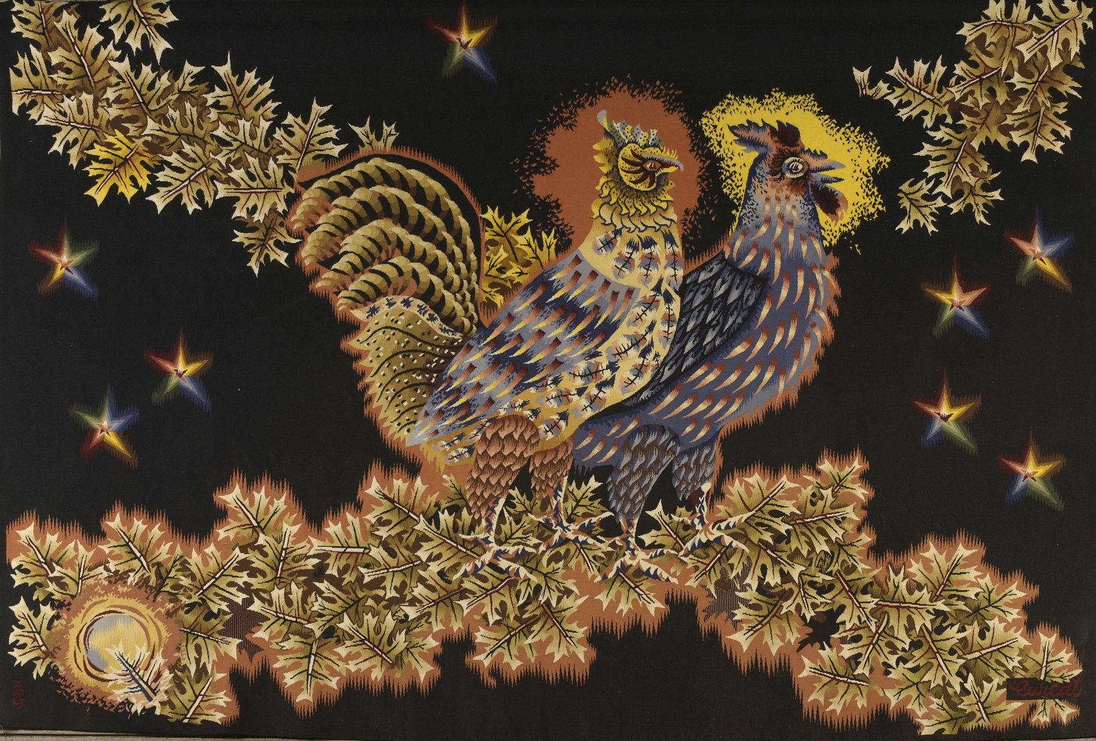 Null LURÇAT Jean, 1892-1966

两只鸟在树叶上

奥布松挂毯由Tabard Frères et Soeurs出版，编号3145

纬线&hellip;