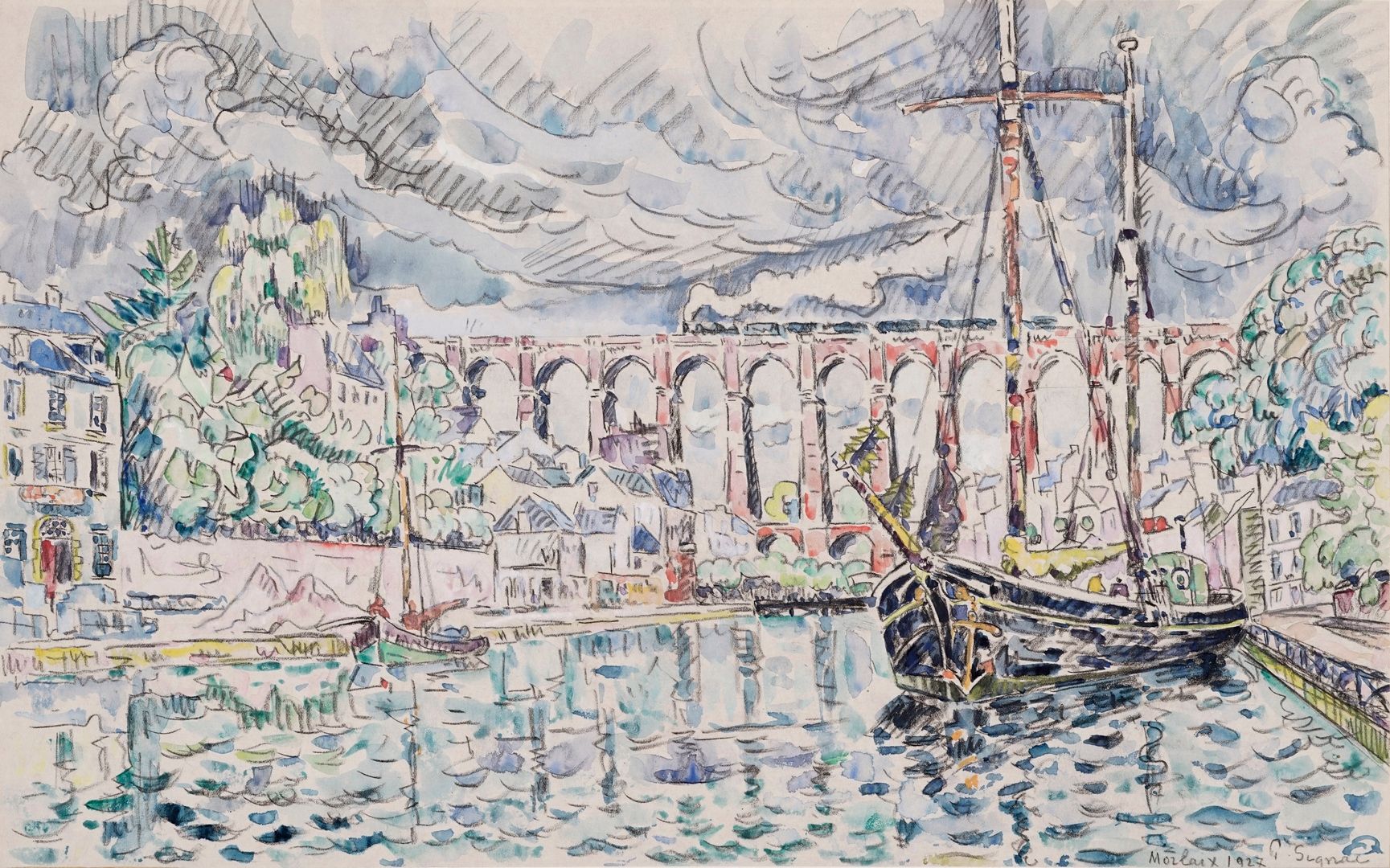 Null SIGNAC Paul, 1863-1935

莫莱，运河上的高架桥，1927年

衬纸上黑色铅笔线条的水彩画

右下角有签名、位置和日期

26 x&hellip;