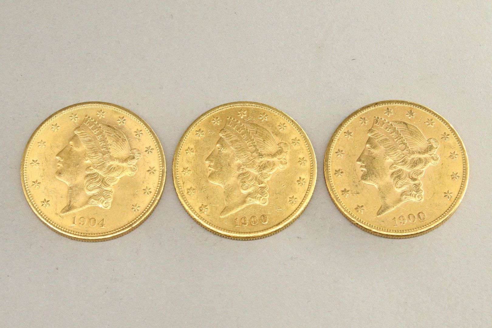 Null Lot de trois pièces en or de 20 dollars "Liberty Head - Double Eagle" (1900&hellip;