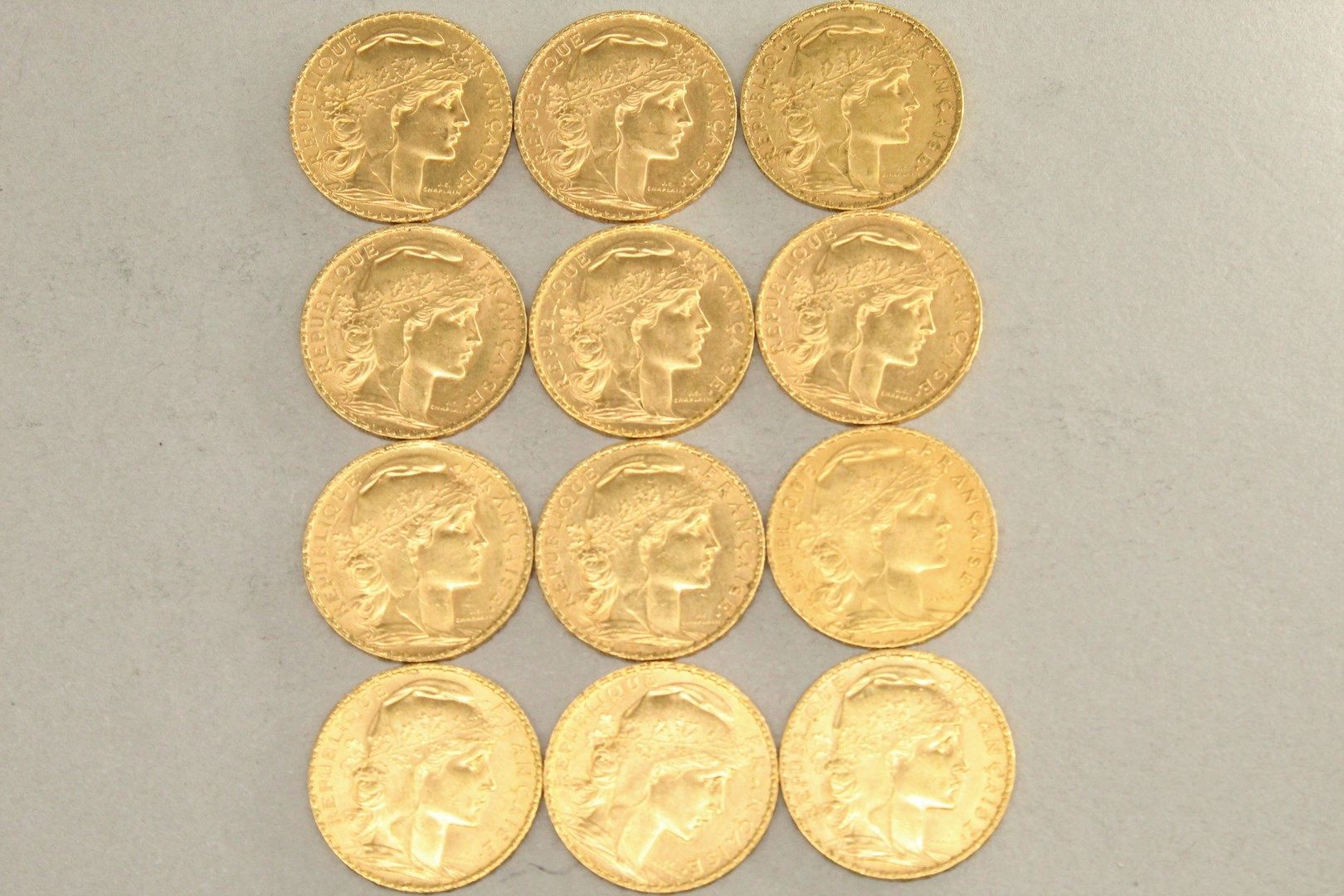 Null 十二枚20法郎金币（1904年2枚；1905年2枚；1906年2枚；1909年4枚；1910年2枚）。

重量：77.29克。



本拍品的买方费用&hellip;